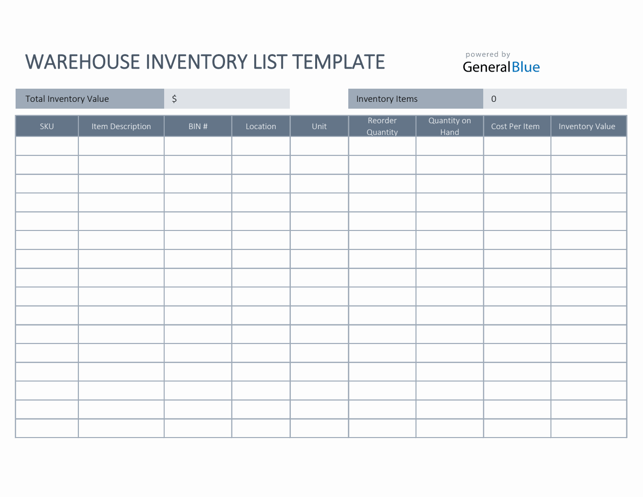 Warehouse Inventory List Template in Excel