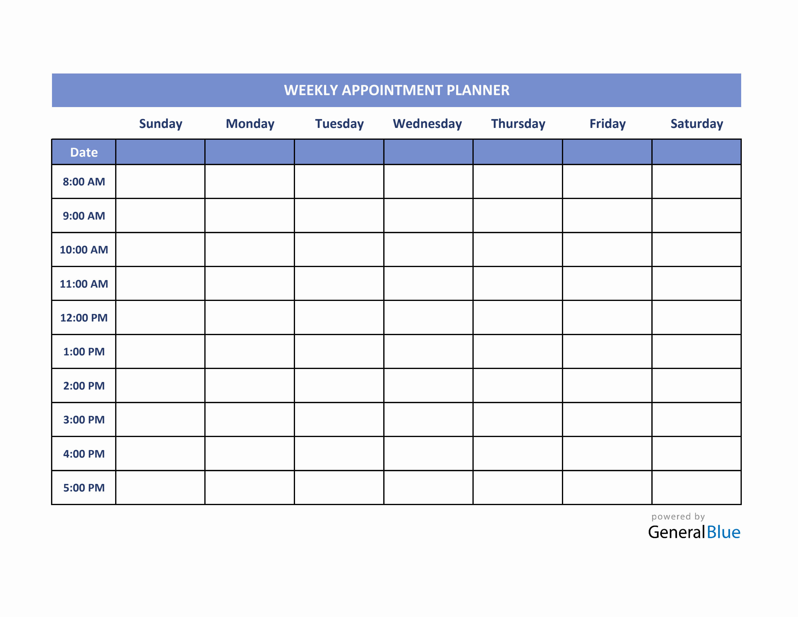 Weekly appointment planner in excel (blue)