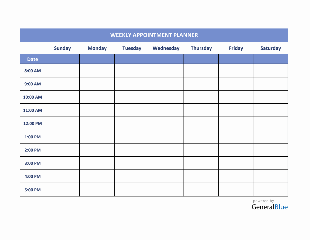 Weekly Appointment Planner in Excel (Blue)