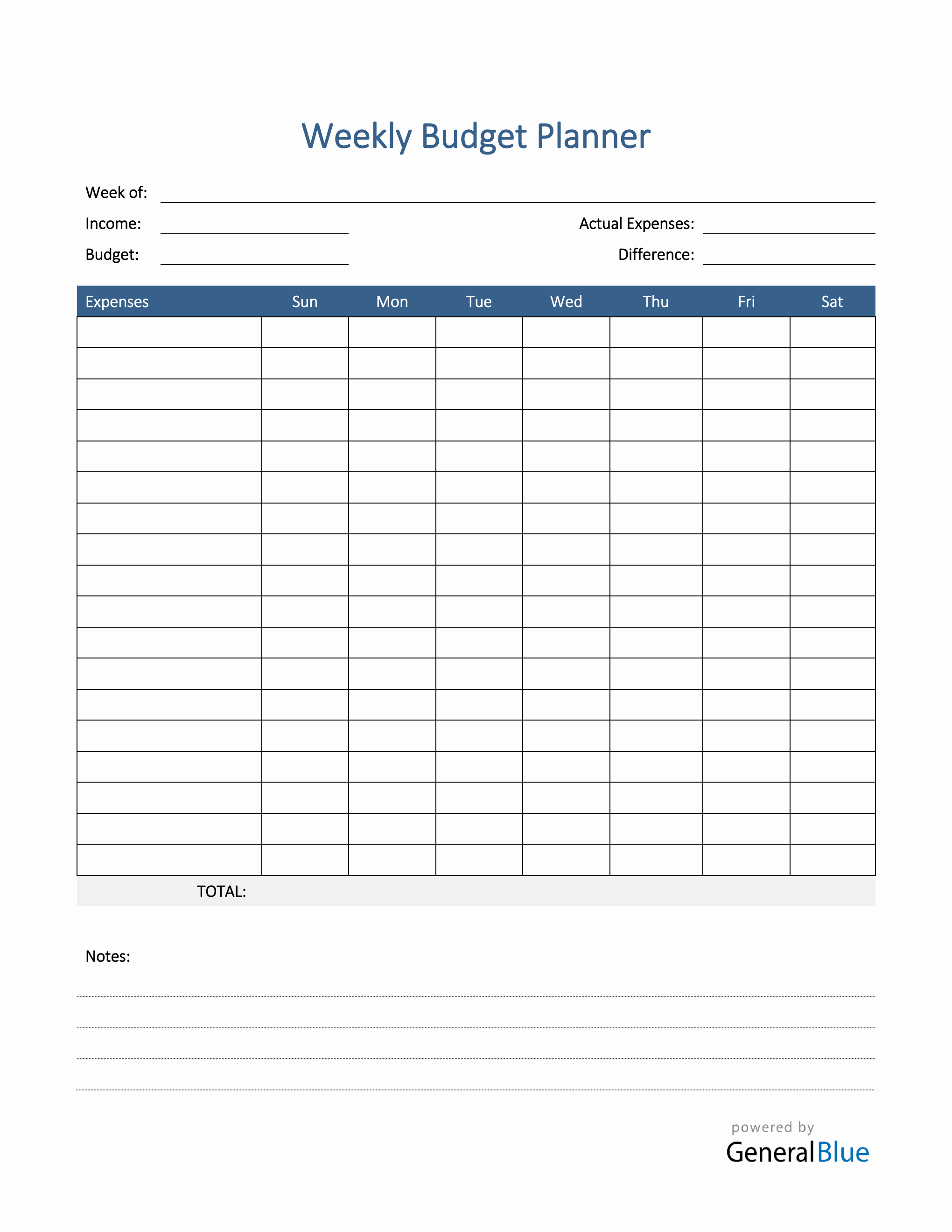 Weekly budget planner in word (printable)