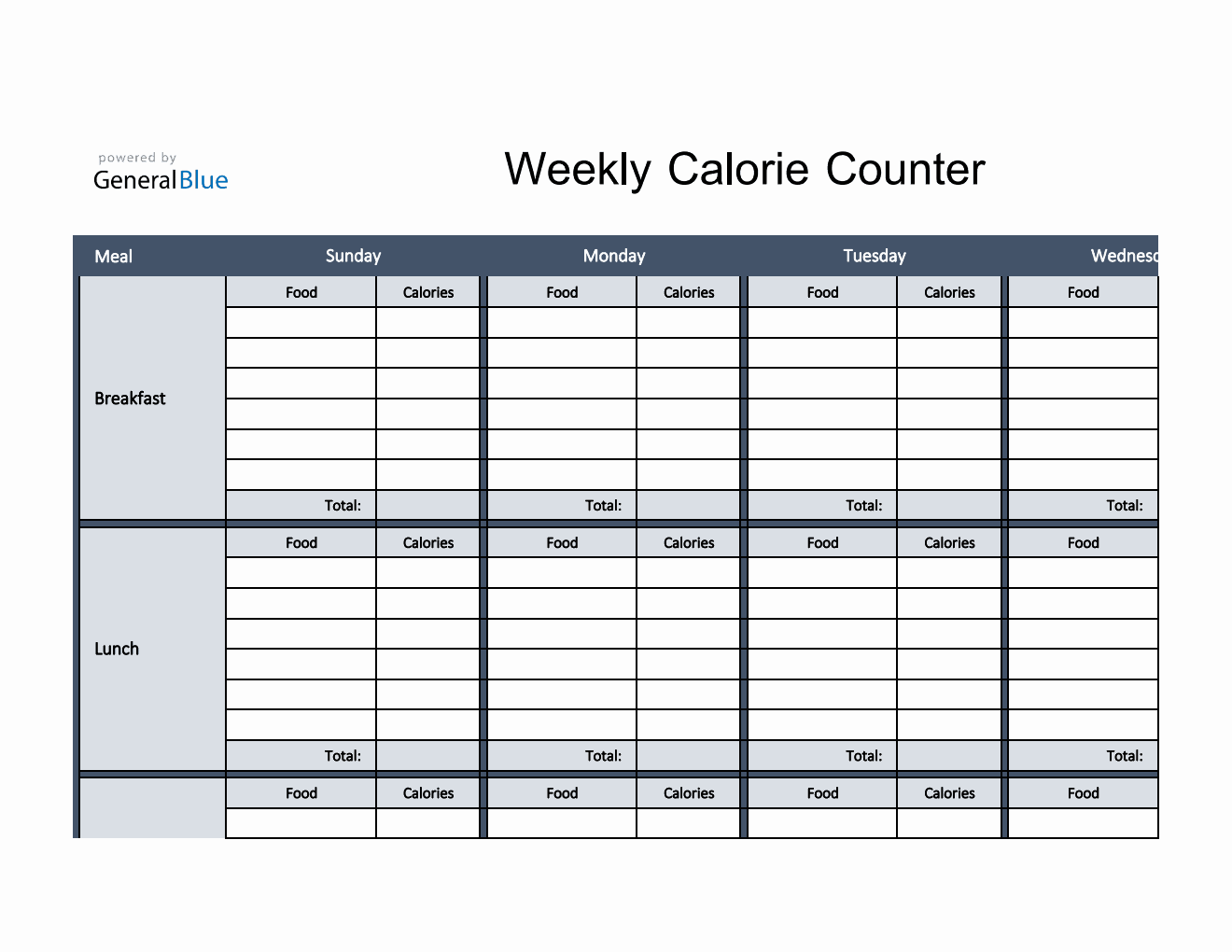 Weekly Calorie Tracker in Excel (Bordered)