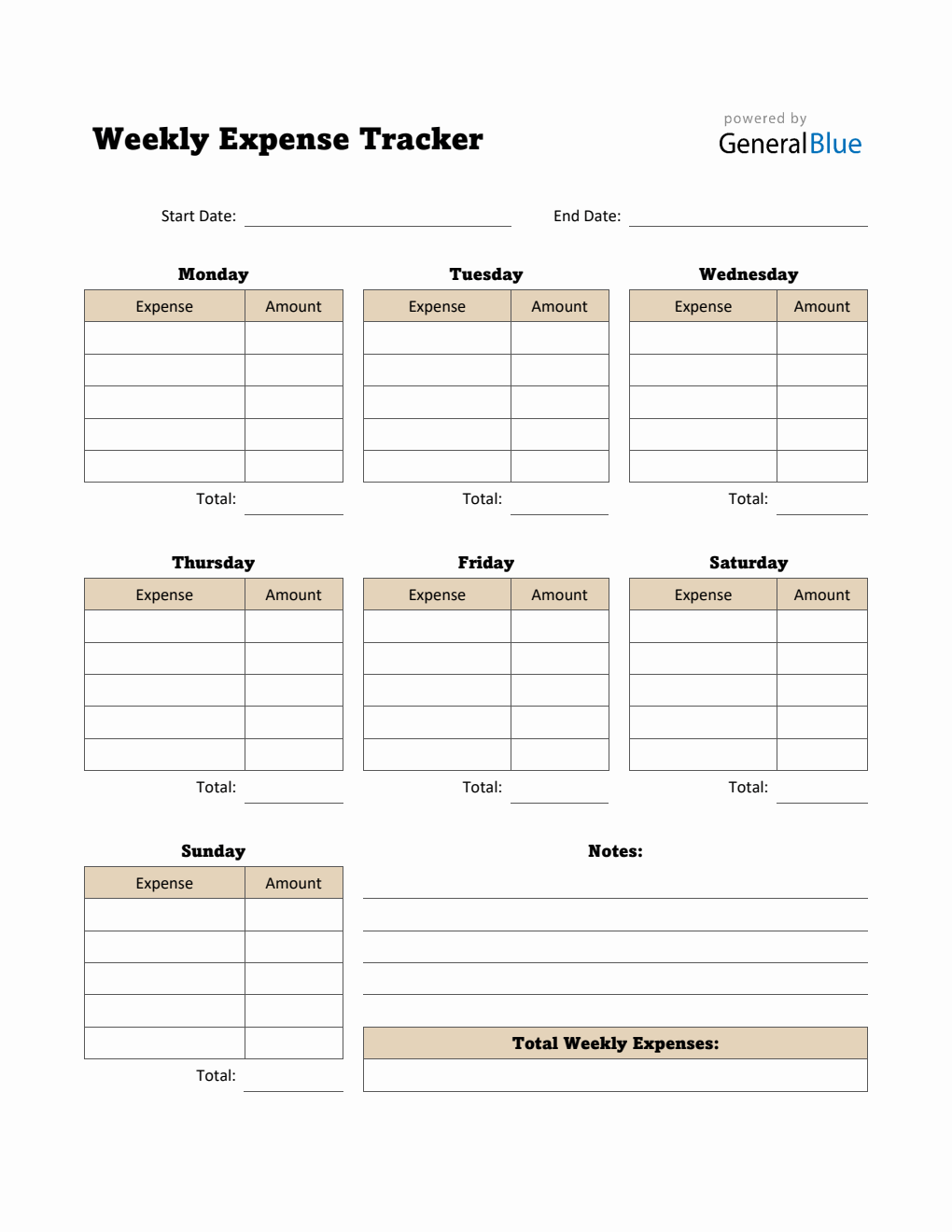 Weekly Expense Tracker in PDF (Simple)
