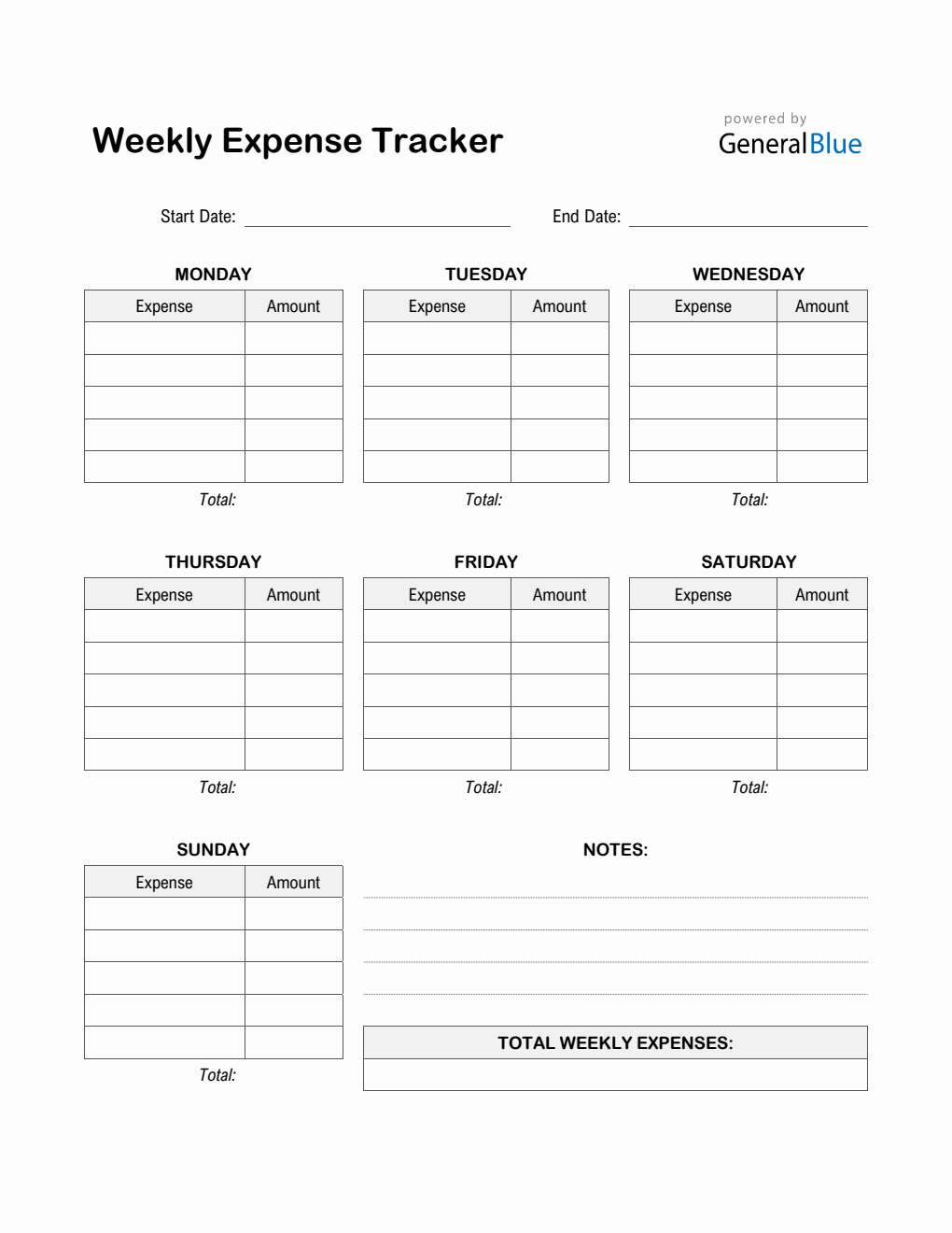 Weekly Expense Tracker in Word (Printable)