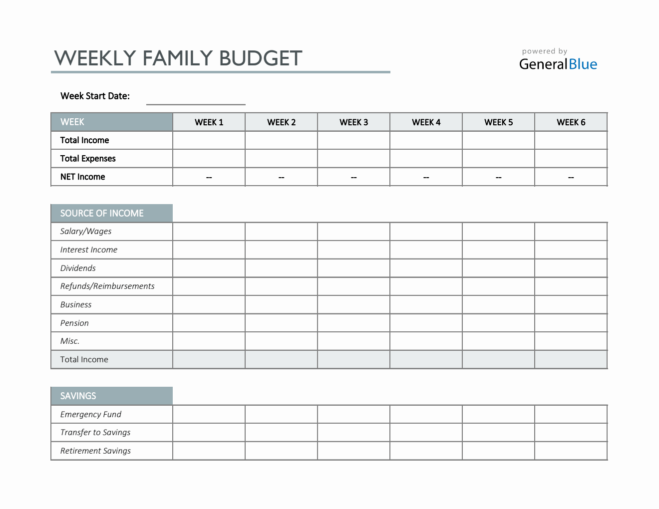 Weekly Family Budget Template in Excel