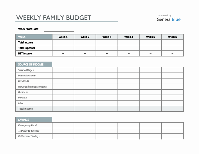 Weekly Family Budget Template in Excel
