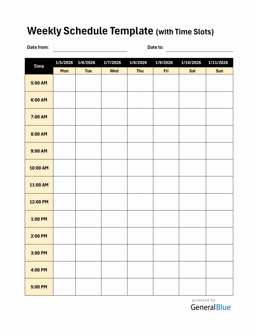 Weekly Planner with Time Slots (5Am To 5Pm) - Free Word Download