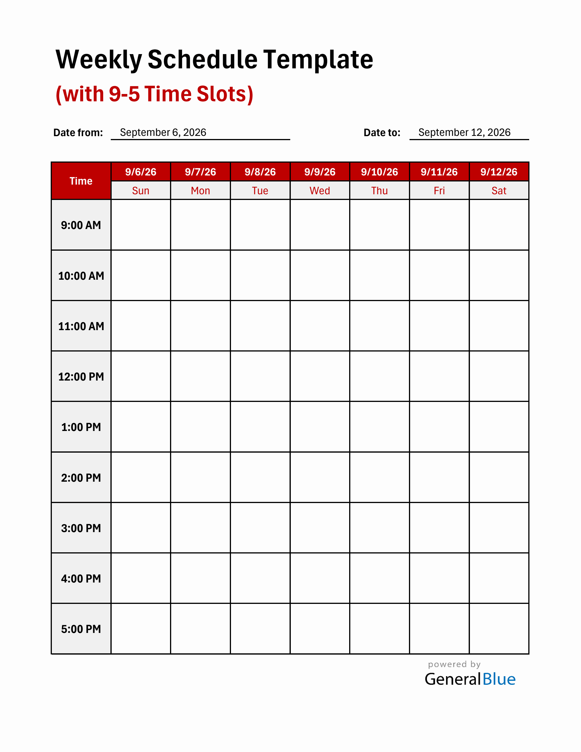 Weekly Planner with Time Slots (9Am To 5Pm) - Free Excel Download