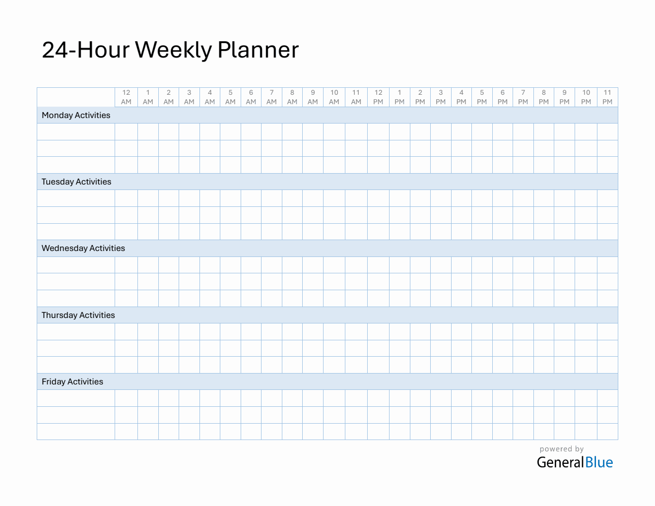 Weekly Hourly Planner in Microsoft Word (with 9Am To 5Pm Time Slots)