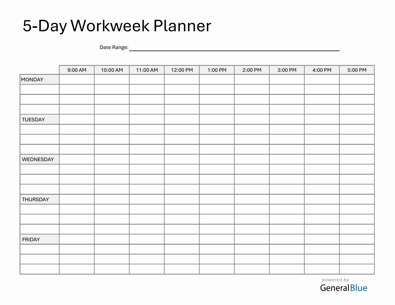 5-Day Workweek Planner in PDF (9Am To 5Pm)