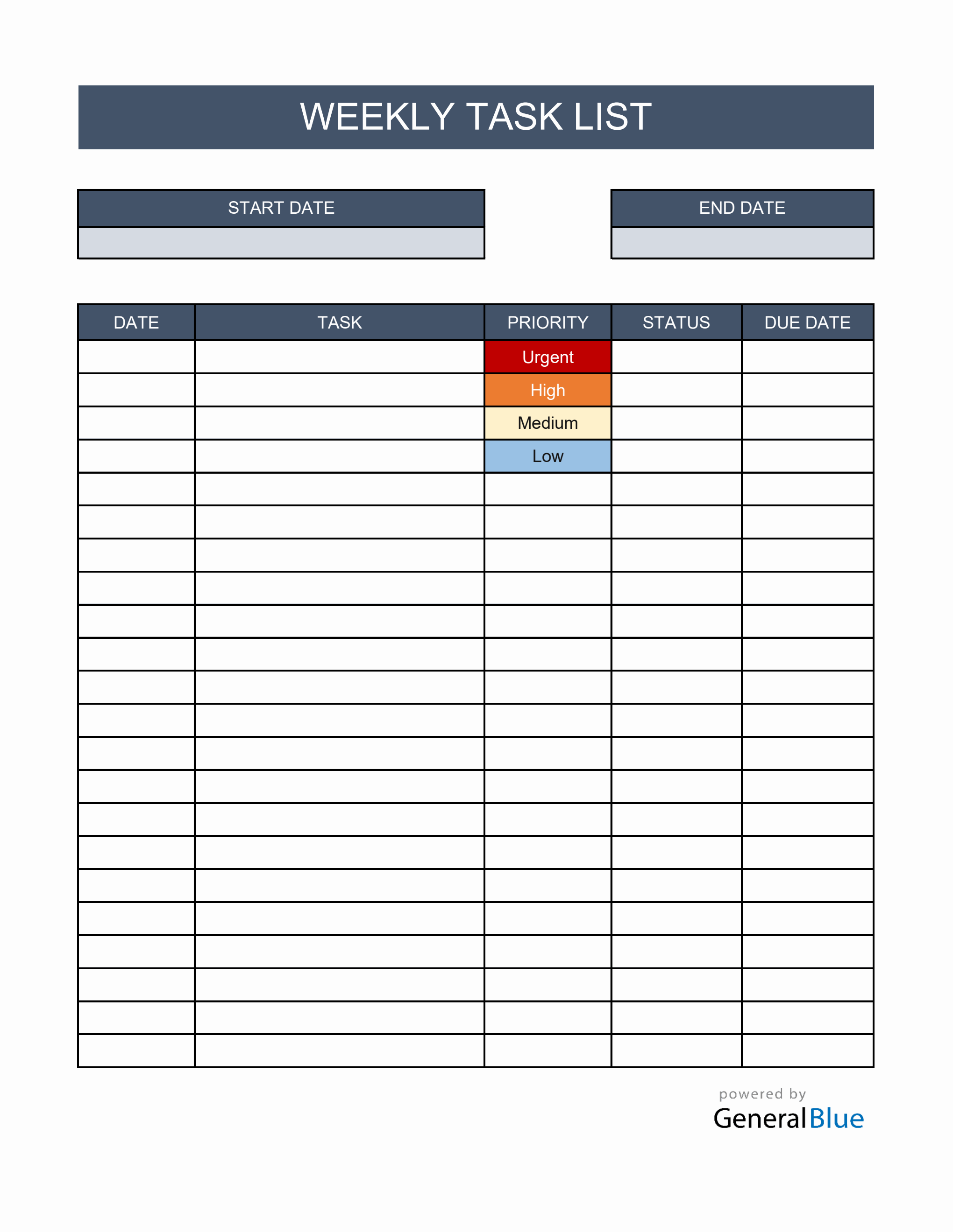 Weekly Task Template Weekly Task Template