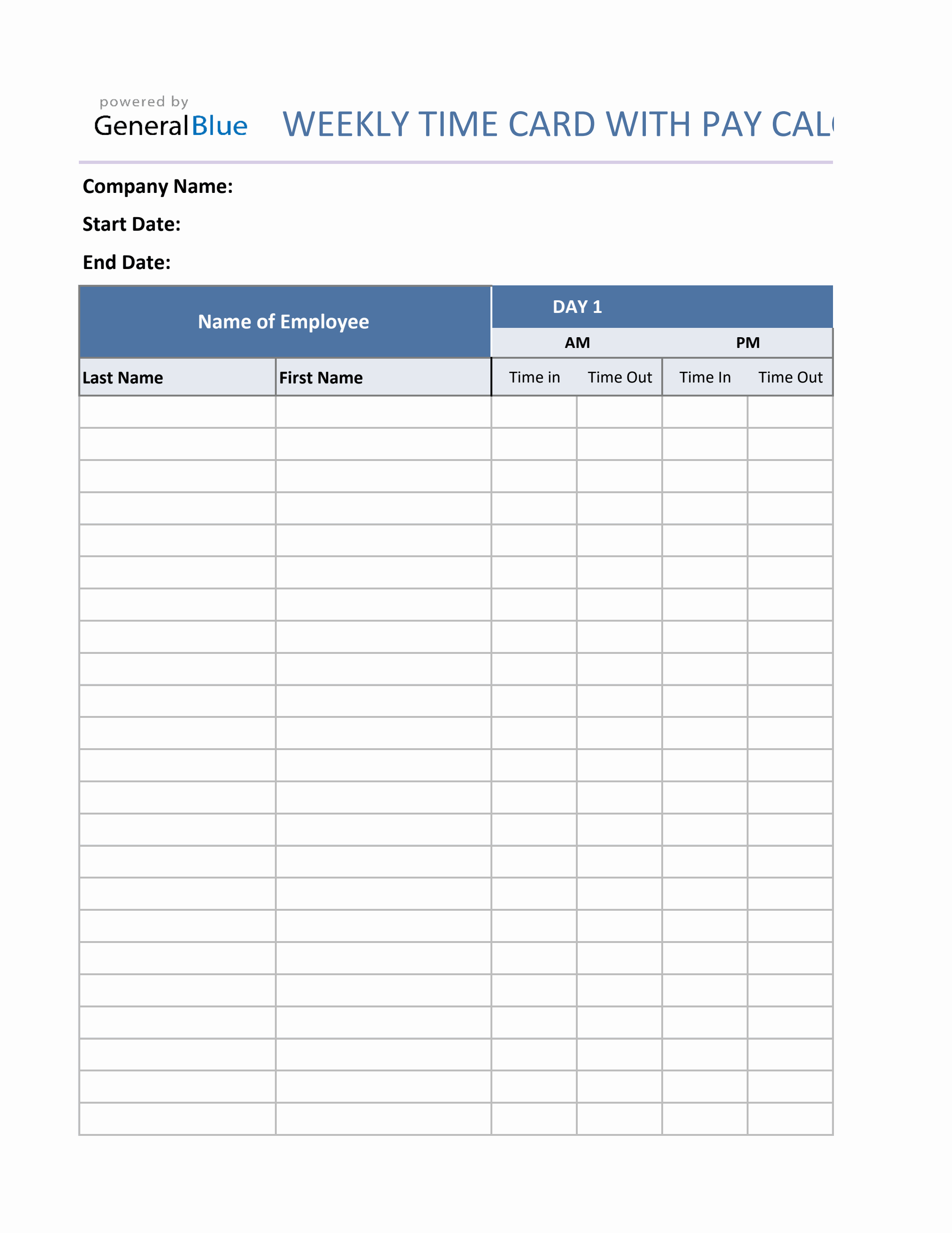 Weekly Timecard With Pay Calculation For Contractors in Excel