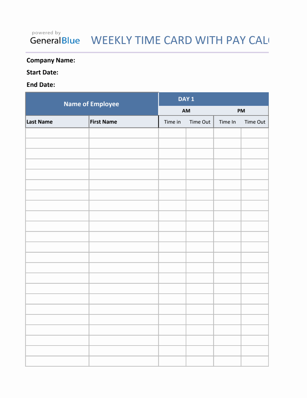 Weekly Timecard With Pay Calculation For Contractors in Excel