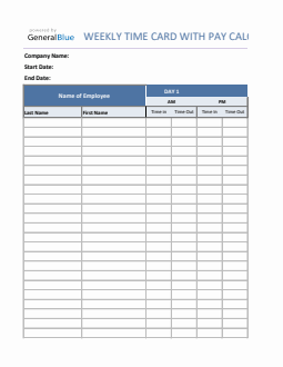 Weekly Timecard With Pay Calculation For Contractors in Excel