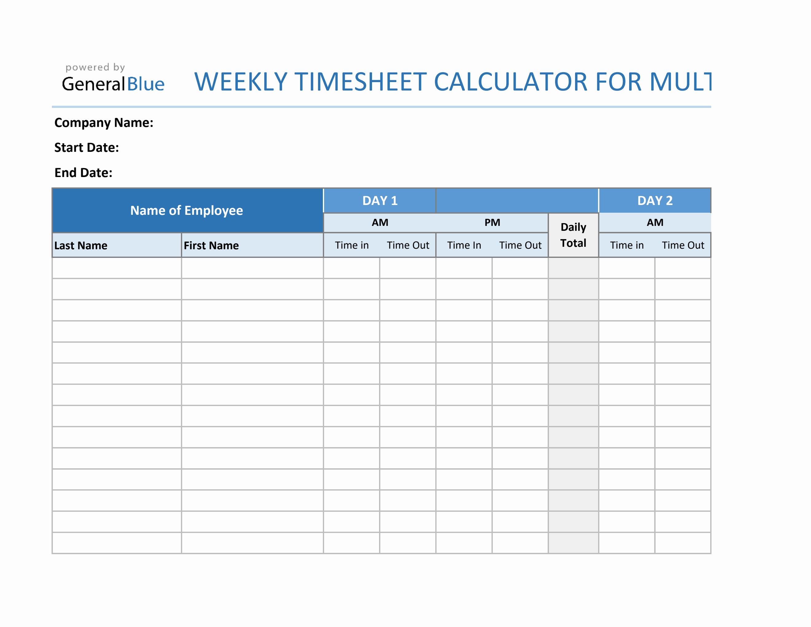 Weekly Timesheet Calculator For Multiple Employees in Excel