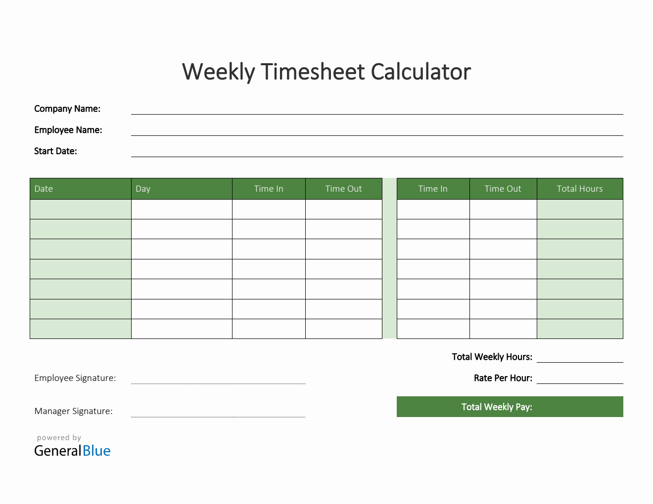 Weekly Timesheet Calculator in Word (Green)