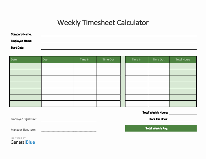 Weekly Timesheet Calculator in Word (Green)