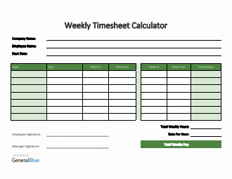 Weekly Timesheet Calculator in Word (Green)