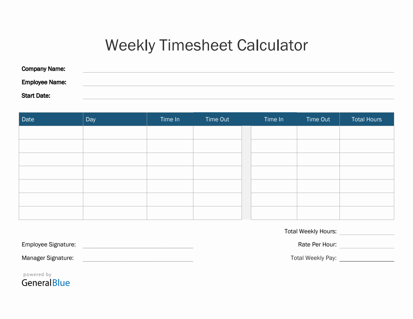 Weekly Timesheet Calculator in Word (Blue)