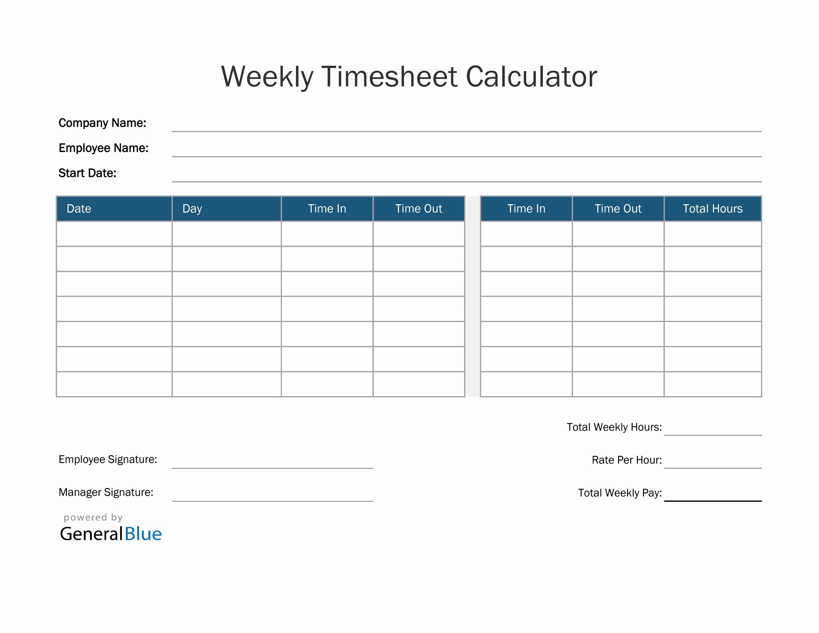 Weekly Timesheet Calculator in Excel Blue