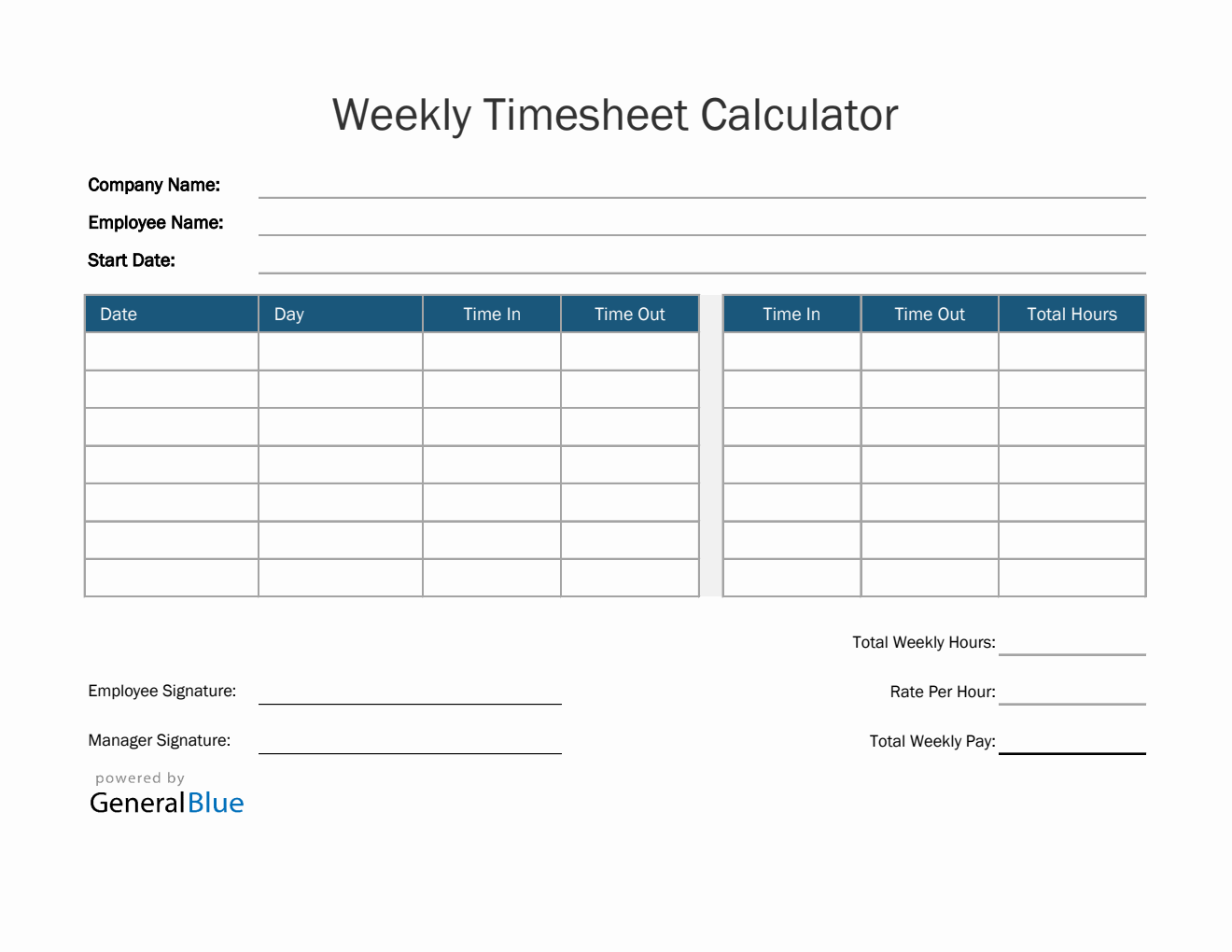 Weekly Timesheet Calculator in Excel (Blue)