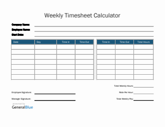 Weekly Timesheet Calculator in Excel (Blue)