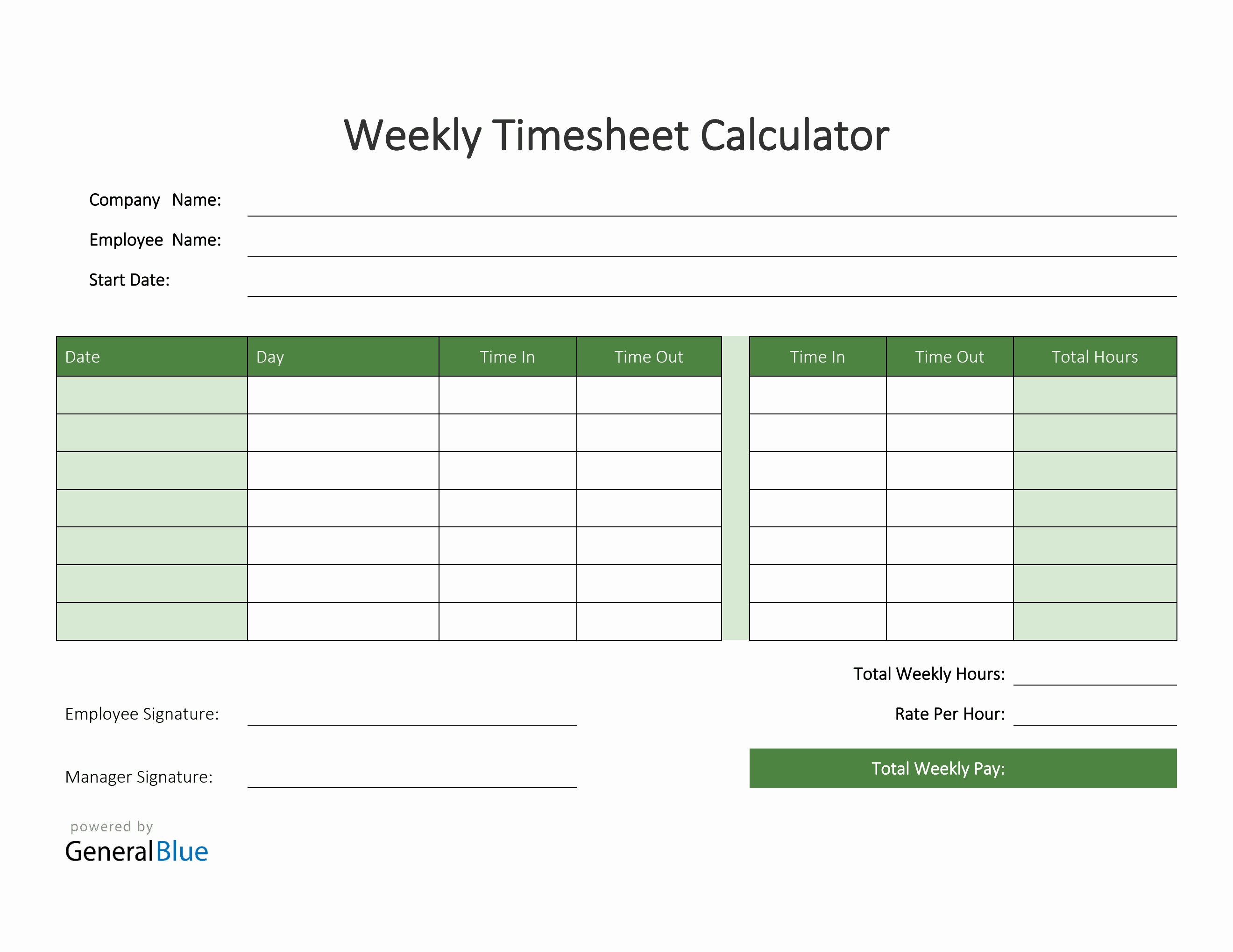 Weekly Timesheet Calculator in PDF (Green)