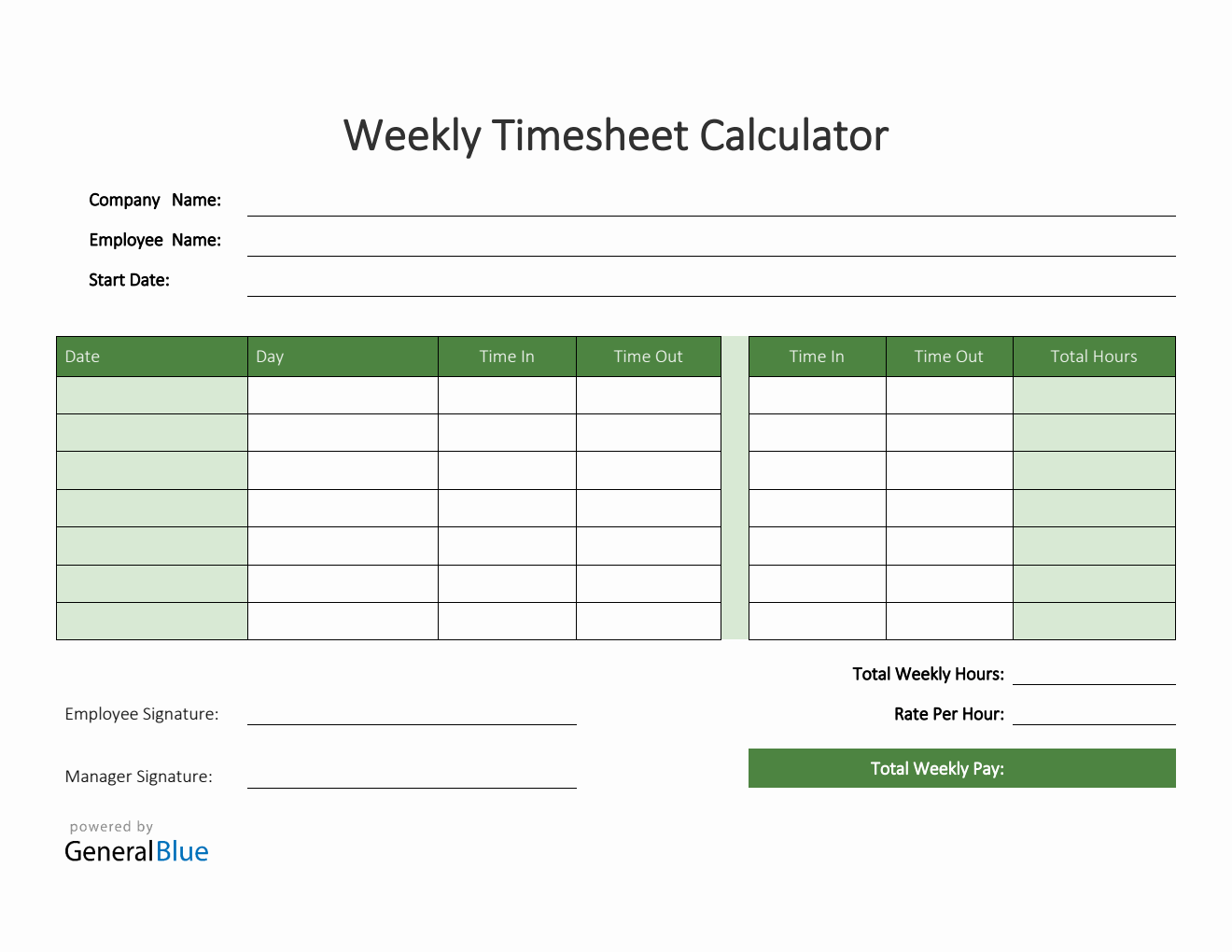 Weekly Timesheet Calculator in PDF (Green)