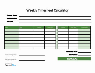 Weekly Timesheet Calculator in PDF (Green)