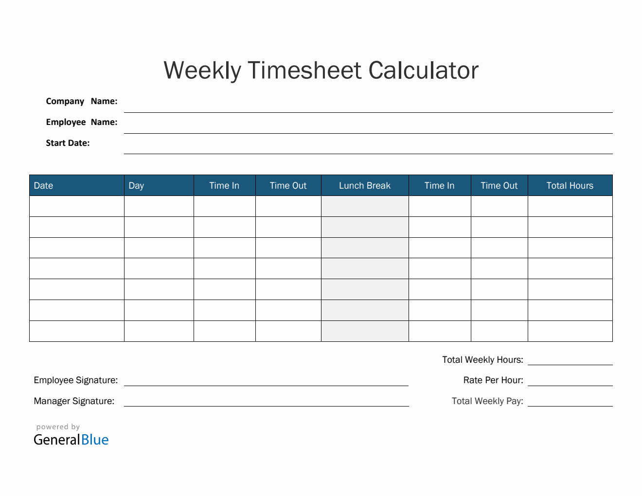 Weekly Timesheet Calculator in PDF (Blue)