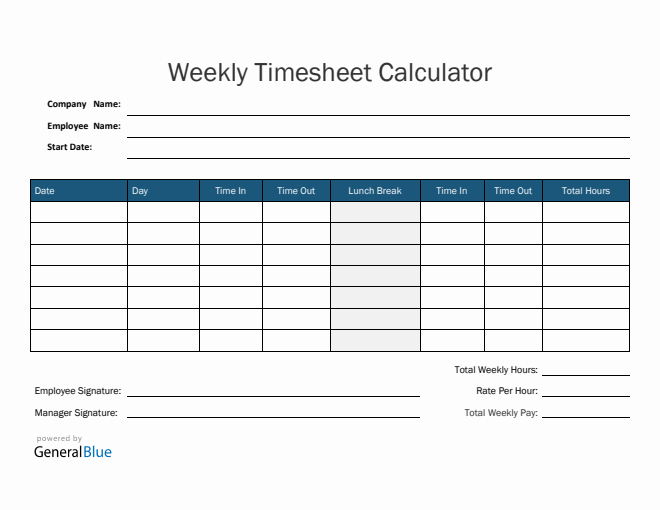 Weekly Timesheet Calculator in PDF (Blue)