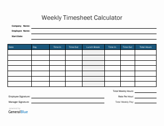 Weekly Timesheet Calculator in PDF (Blue)