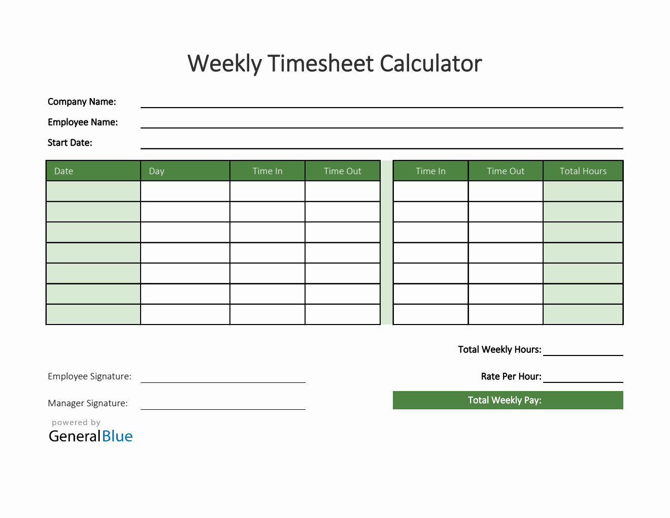 Weekly Timesheet Calculator in Excel (Green)