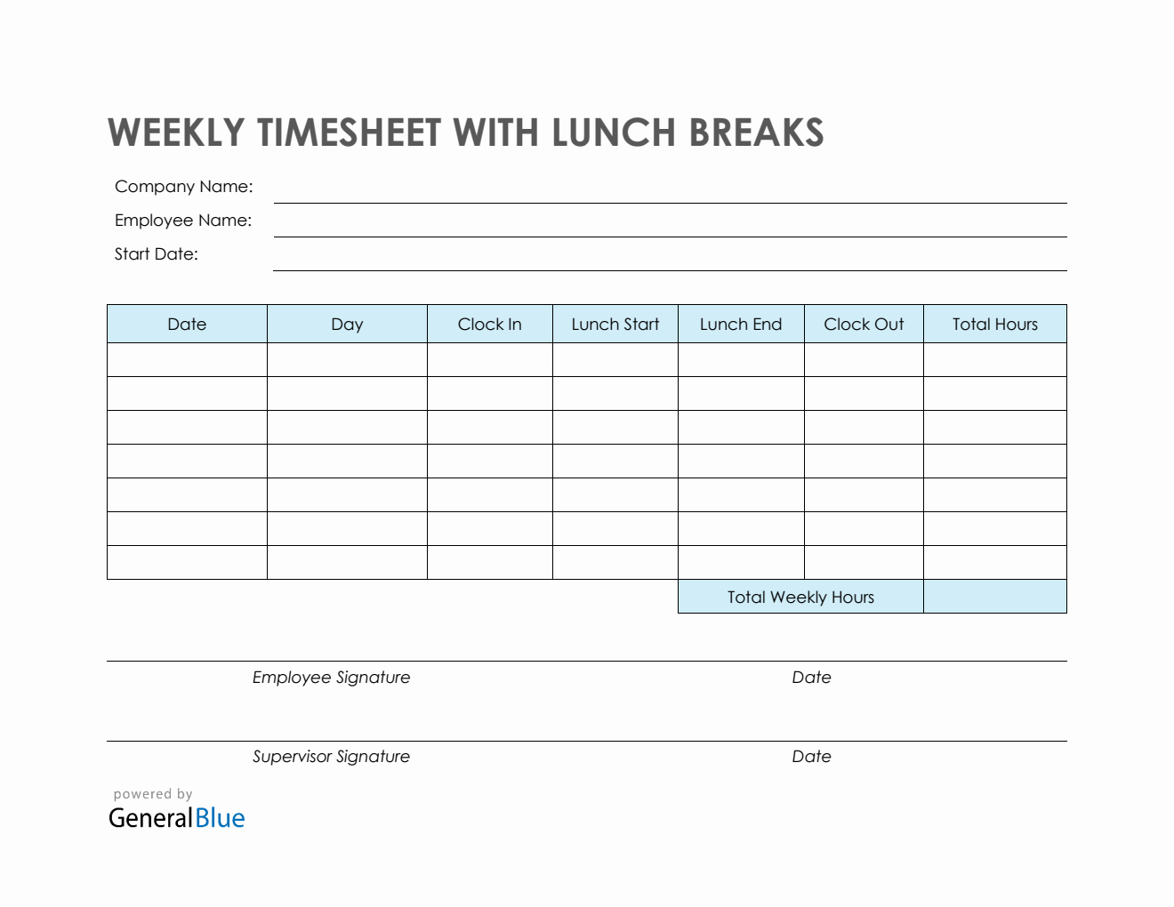 Weekly Timesheet With Lunch Breaks in PDF