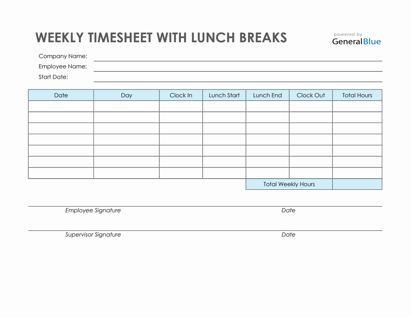 Weekly Timesheet With Lunch Breaks in Excel