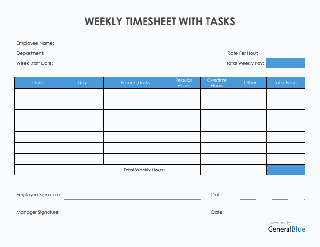 Weekly Timesheet With Tasks in PDF